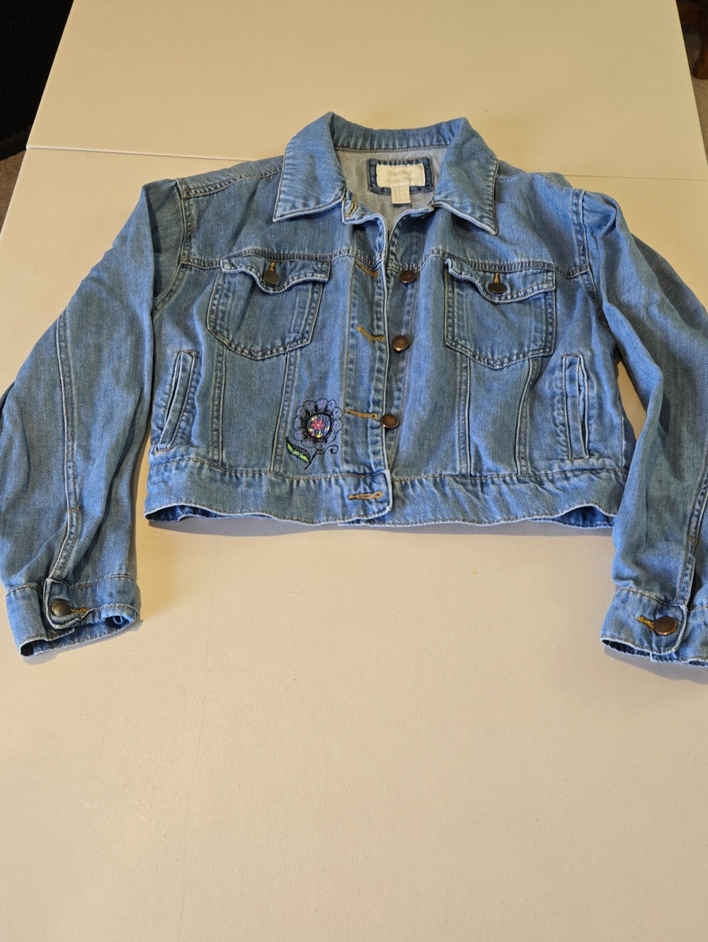 Forever 21 Light Wash Cropped Denim Jacket with Floral Embroidery